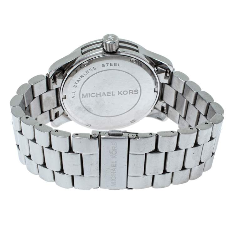 Pre Owned Michael Kors Silver Crystal Pave Stainless Steel Runway MK5544 Women's Wristwatch 45 mm