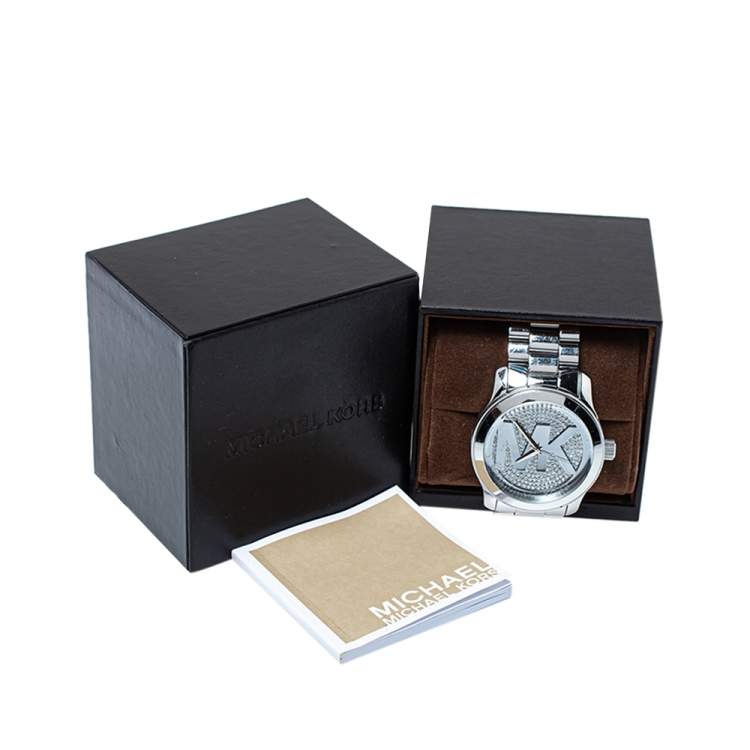 Pre Owned Michael Kors Silver Crystal Pave Stainless Steel Runway MK5544 Women's Wristwatch 45 mm