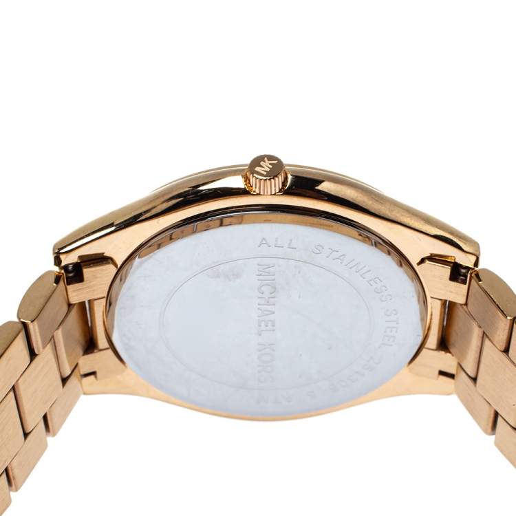 Pre Owned Michael Kors Brown Rose Gold Plated Steel Runway MK3181 Women's Wristwatch 42 mm