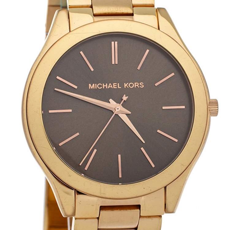 Pre Owned Michael Kors Brown Rose Gold Plated Steel Runway MK3181 Women's Wristwatch 42 mm