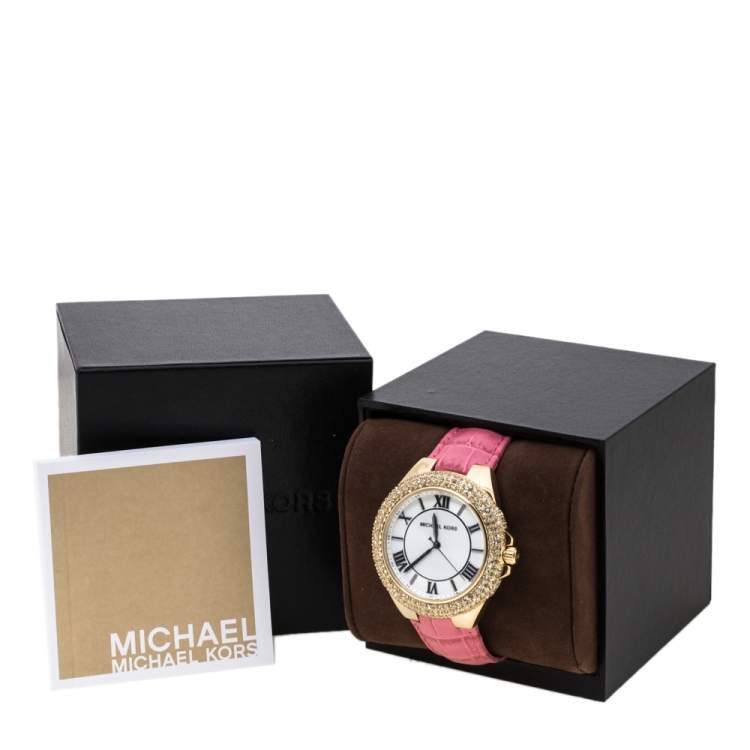 Pre Owned Michael Kors Opaline White Gold Tone Stainless Steel Leather Slim Camille MK2329 Women's Wristwatch 41 mm