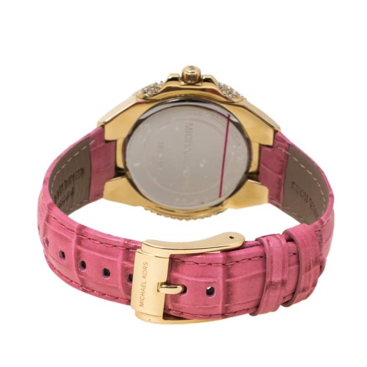 Pre Owned Michael Kors Opaline White Gold Tone Stainless Steel Leather Slim Camille MK2329 Women's Wristwatch 41 mm