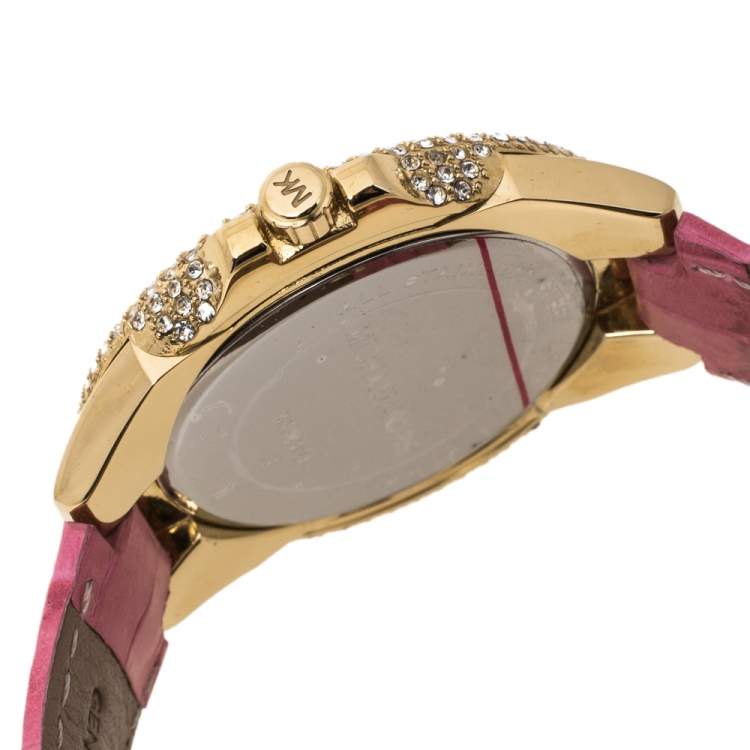 Pre Owned Michael Kors Opaline White Gold Tone Stainless Steel Leather Slim Camille MK2329 Women's Wristwatch 41 mm
