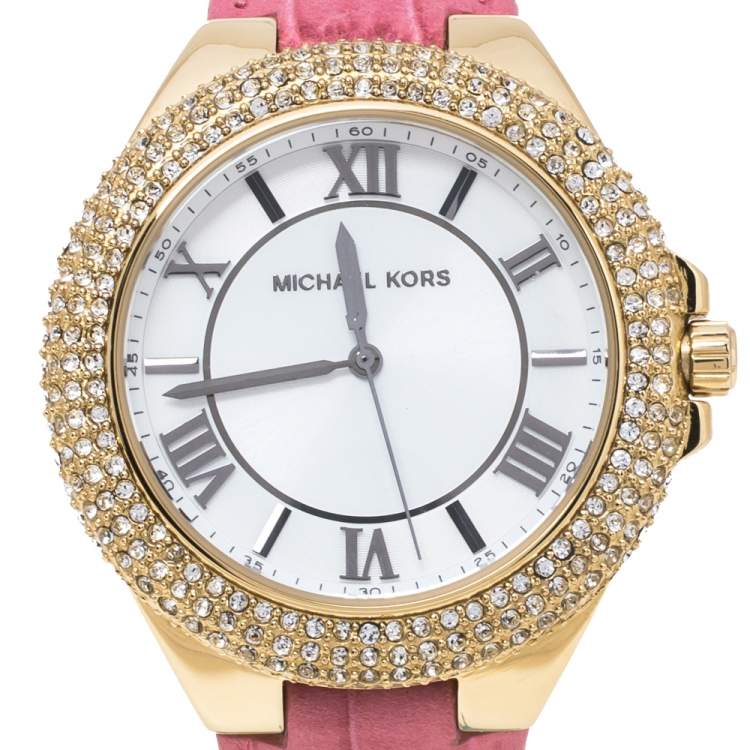 Pre Owned Michael Kors Opaline White Gold Tone Stainless Steel Leather Slim Camille MK2329 Women's Wristwatch 41 mm