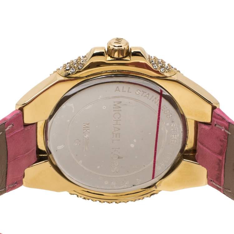 Pre Owned Michael Kors Opaline White Gold Tone Stainless Steel Leather Slim Camille MK2329 Women's Wristwatch 41 mm