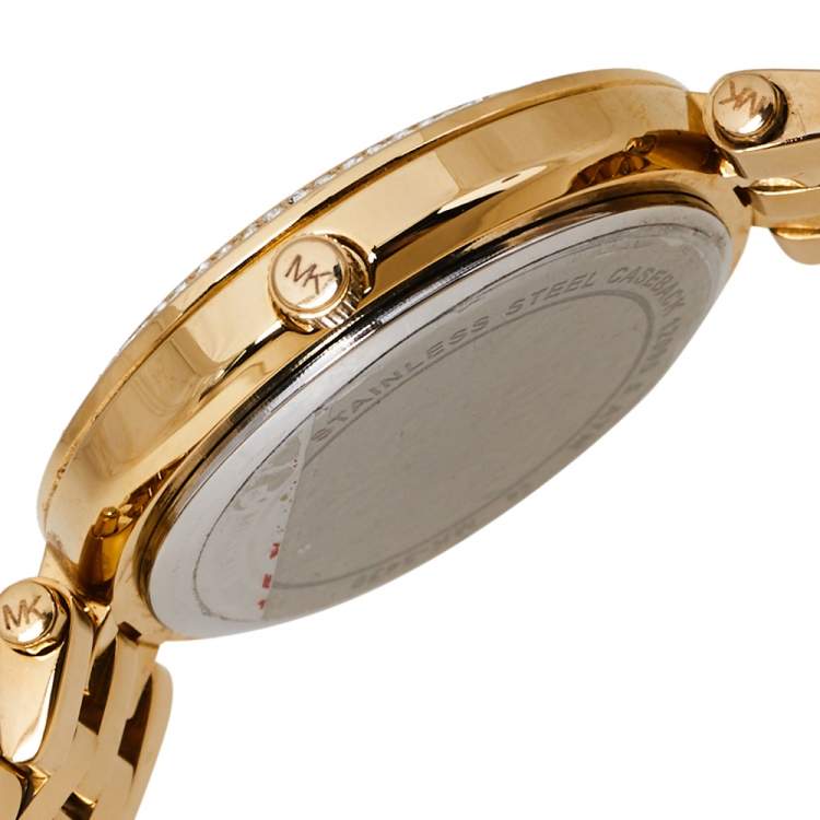Pre Owned Michael Kors Yellow Gold Tone Stainless Steel Darci Pave MK3430 Women's Wristwatch 33 mm