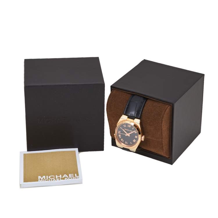 Pre Owned Michael Kors Black Rose Gold Tone Stainless Steel Leather Channing MK2358 Women's Wristwatch 33 mm
