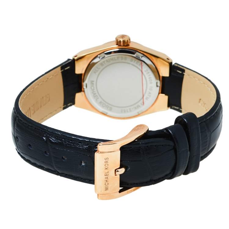 Pre Owned Michael Kors Black Rose Gold Tone Stainless Steel Leather Channing MK2358 Women's Wristwatch 33 mm