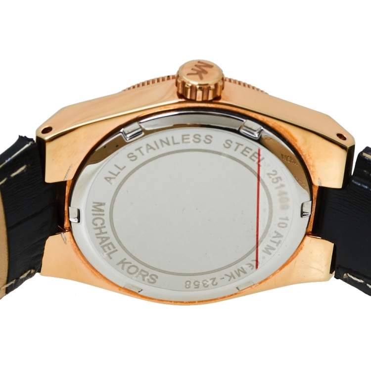 Pre Owned Michael Kors Black Rose Gold Tone Stainless Steel Leather Channing MK2358 Women's Wristwatch 33 mm