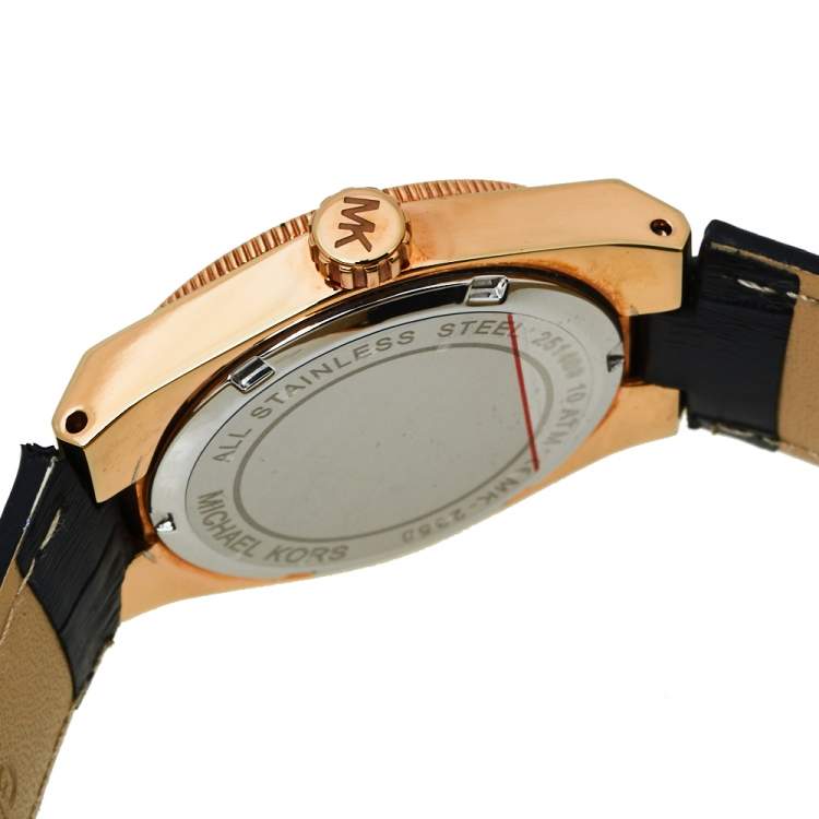 Pre Owned Michael Kors Black Rose Gold Tone Stainless Steel Leather Channing MK2358 Women's Wristwatch 33 mm