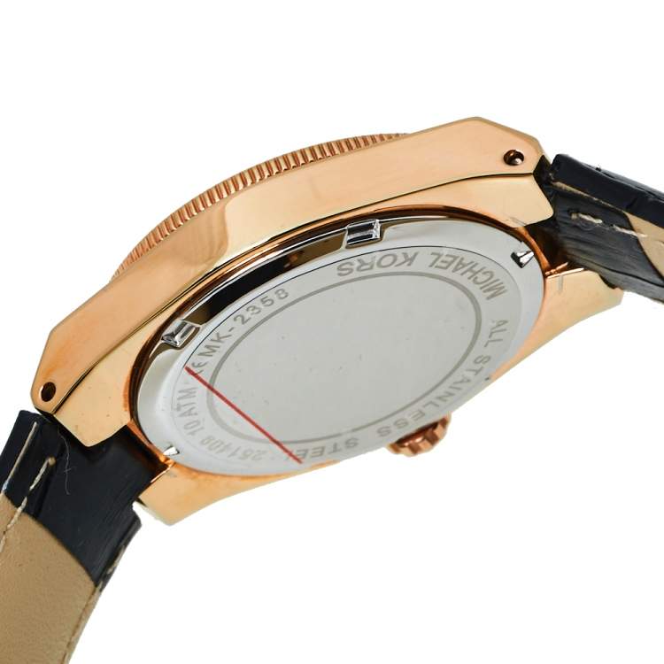 Pre Owned Michael Kors Black Rose Gold Tone Stainless Steel Leather Channing MK2358 Women's Wristwatch 33 mm