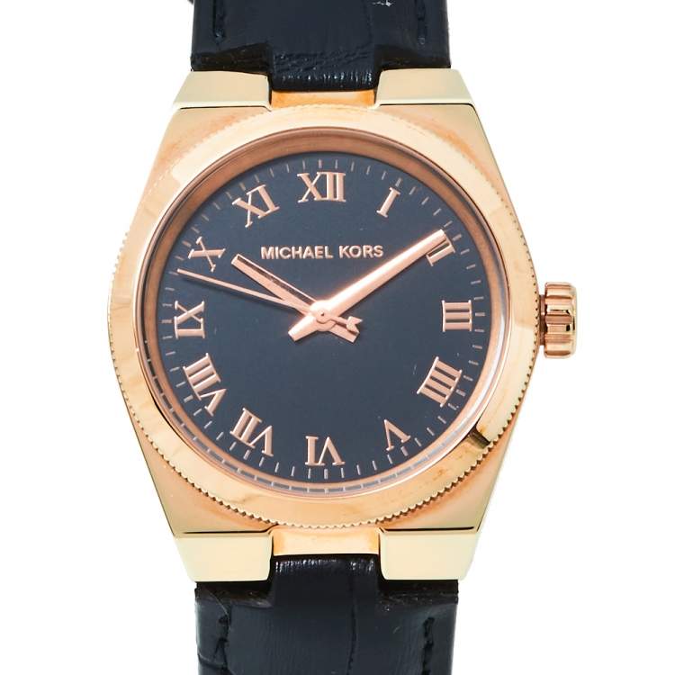 Pre Owned Michael Kors Black Rose Gold Tone Stainless Steel Leather Channing MK2358 Women's Wristwatch 33 mm