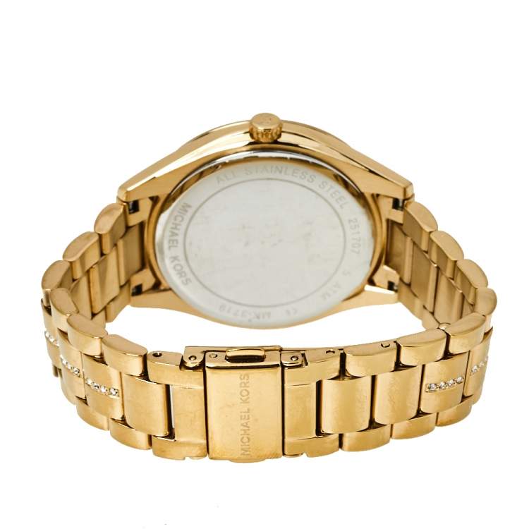 Pre Owned Michael Kors Gold Tone Crystal Pavé MK3719 Lauryn Women's Wristwatch 38 MM