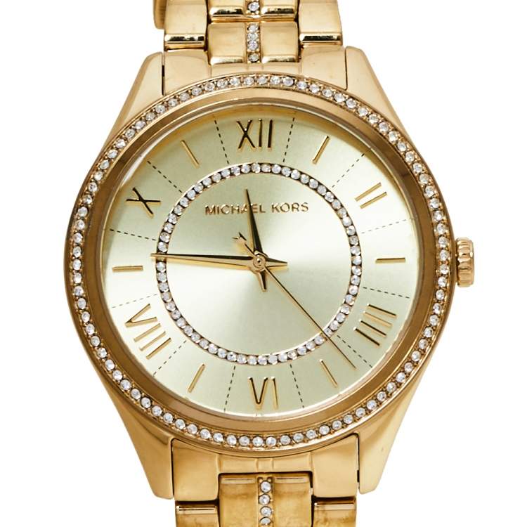 Pre Owned Michael Kors Gold Tone Crystal Pavé MK3719 Lauryn Women's Wristwatch 38 MM