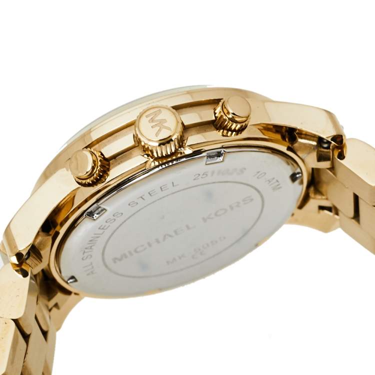 Pre Owned Michael Kors Yellow Gold Plated Stainless Steel Runway MK5055 Women's Wristwatch 38 mm