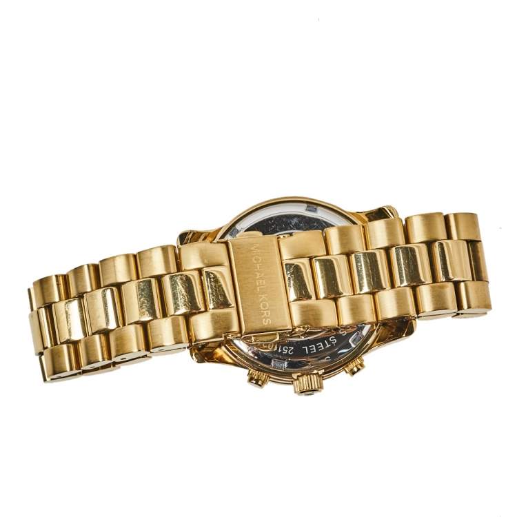 Pre Owned Michael Kors Yellow Gold Plated Stainless Steel Runway MK5055 Women's Wristwatch 38 mm