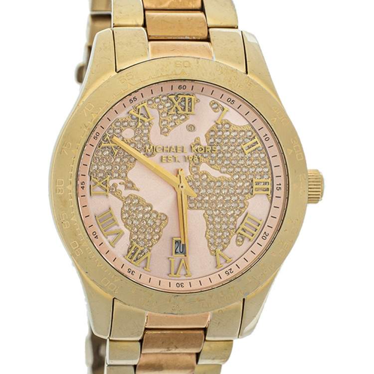Pre Owned Michael Kors Champagne Two-Tone Stainless Steel Layton MK6476 Women's Wristwatch 44 mm