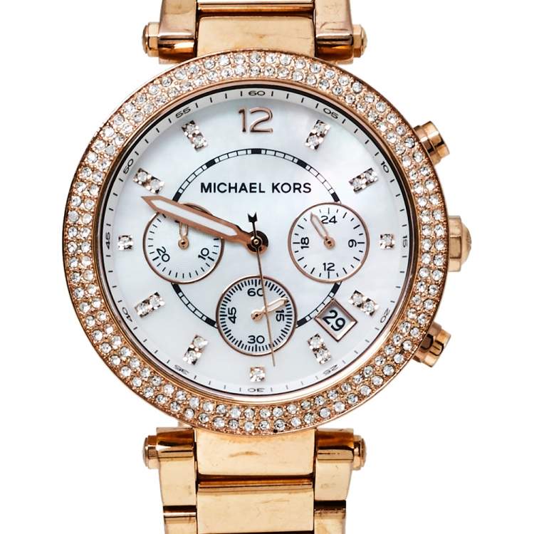 Pre Owned Michael Kors Mother of Pearl Rose Gold Tone Stainless Steel Parker MK5491 Women's Wristwatch 39 mm