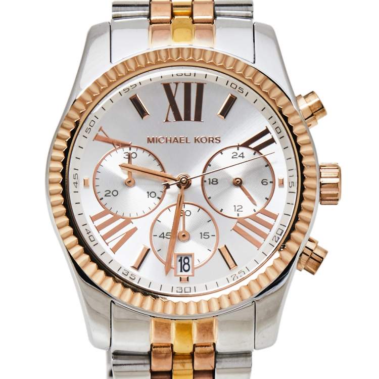 Pre Owned Michael Kors Silver Three-Tone Stainless Steel Lexington MK5735 Women's Wristwatch 38 mm