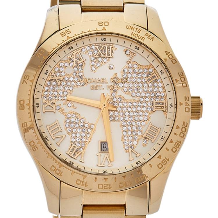 Pre Owned Michael Kors Yellow Gold Tone Stainless Steel Layton MK5959 Women's Wristwatch 43 mm