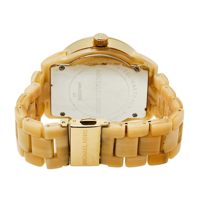 Pre Owned Michael Kors Mother Of Pearl Gold Tone Stainless Steel Horn Resin Jet Set MK5039 Women's Wristwatch 37 mm