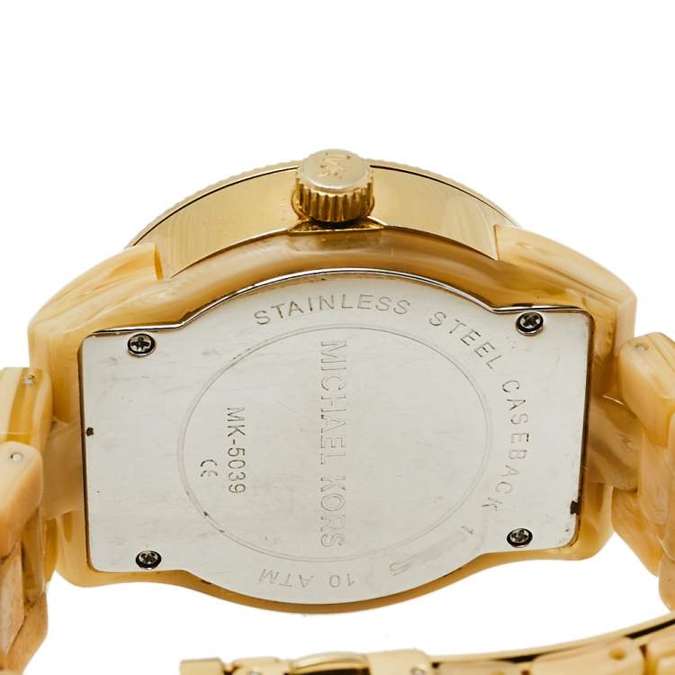 Pre Owned Michael Kors Mother Of Pearl Gold Tone Stainless Steel Horn Resin Jet Set MK5039 Women's Wristwatch 37 mm