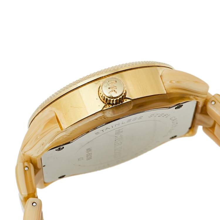 Pre Owned Michael Kors Mother Of Pearl Gold Tone Stainless Steel Horn Resin Jet Set MK5039 Women's Wristwatch 37 mm