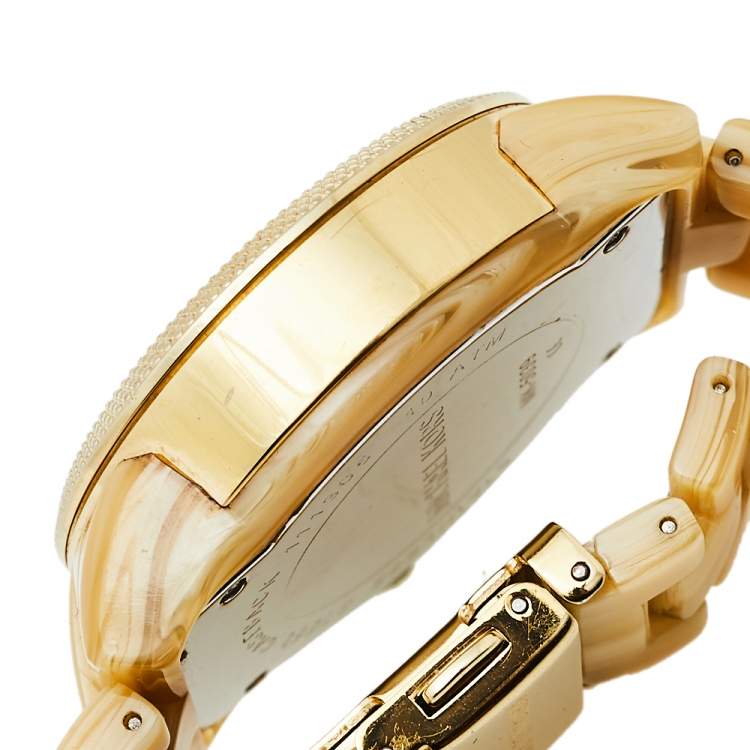 Pre Owned Michael Kors Mother Of Pearl Gold Tone Stainless Steel Horn Resin Jet Set MK5039 Women's Wristwatch 37 mm