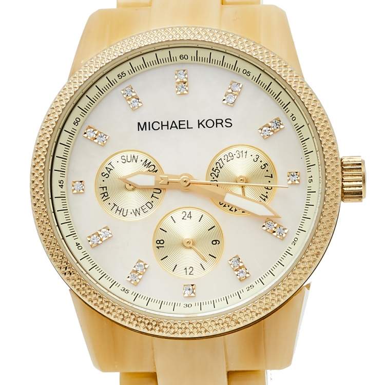 Pre Owned Michael Kors Mother Of Pearl Gold Tone Stainless Steel Horn Resin Jet Set MK5039 Women's Wristwatch 37 mm