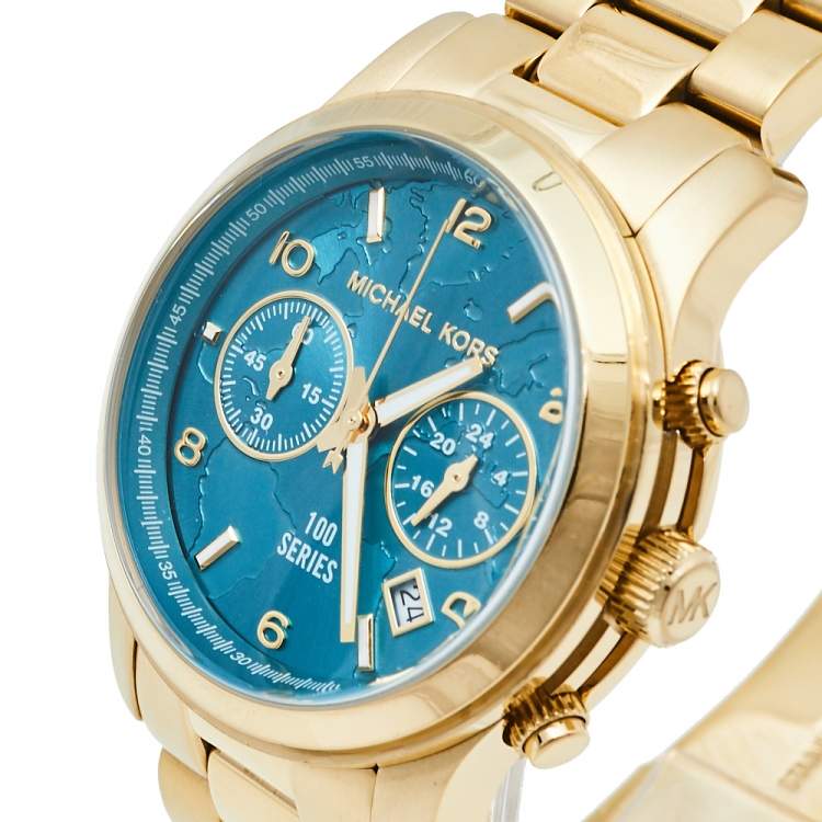 Pre Owned Michael Kors Blue Gold Tone Stainless Steel Watch Hunger Stop MK5815 Women's Wristwatch 38 mm