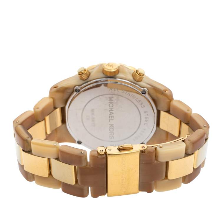Pre Owned Michael Kors Gold Tone Stainless Steel Horn Acetate Madison MK5417 Women's Wristwatch 42 mm