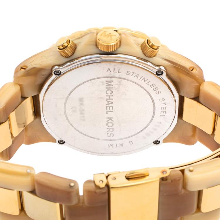 Pre Owned Michael Kors Gold Tone Stainless Steel Horn Acetate Madison MK5417 Women's Wristwatch 42 mm