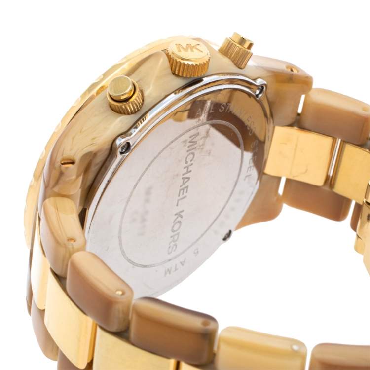 Pre Owned Michael Kors Gold Tone Stainless Steel Horn Acetate Madison MK5417 Women's Wristwatch 42 mm