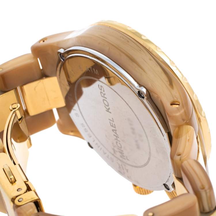 Pre Owned Michael Kors Gold Tone Stainless Steel Horn Acetate Madison MK5417 Women's Wristwatch 42 mm