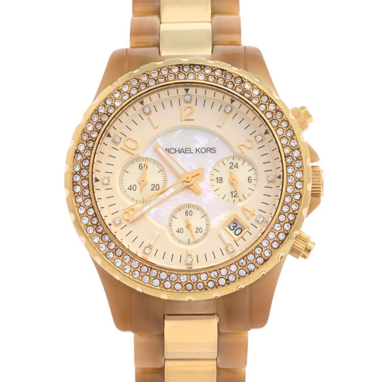Pre Owned Michael Kors Gold Tone Stainless Steel Horn Acetate Madison MK5417 Women's Wristwatch 42 mm