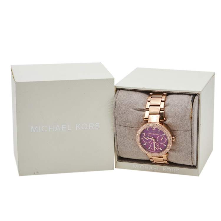 Pre Owned Michael Kors Plum Mother Of Pearl Rose Gold Tone Stainless Steel Mini Parker MK6403 Women's Wristwatch 33 mm