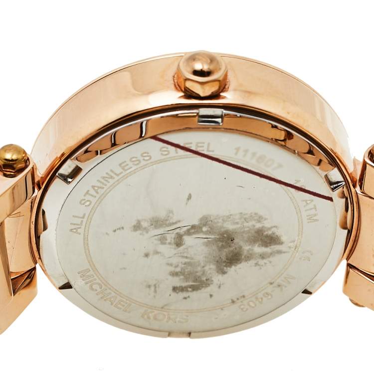 Pre Owned Michael Kors Plum Mother Of Pearl Rose Gold Tone Stainless Steel Mini Parker MK6403 Women's Wristwatch 33 mm