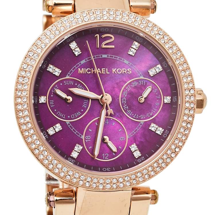 Pre Owned Michael Kors Plum Mother Of Pearl Rose Gold Tone Stainless Steel Mini Parker MK6403 Women's Wristwatch 33 mm