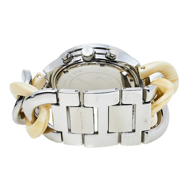Pre Owned Michael Kors Silver Stainless Steel & Acrylic Chain Runway MK4263 Women's Wristwatch 38 mm