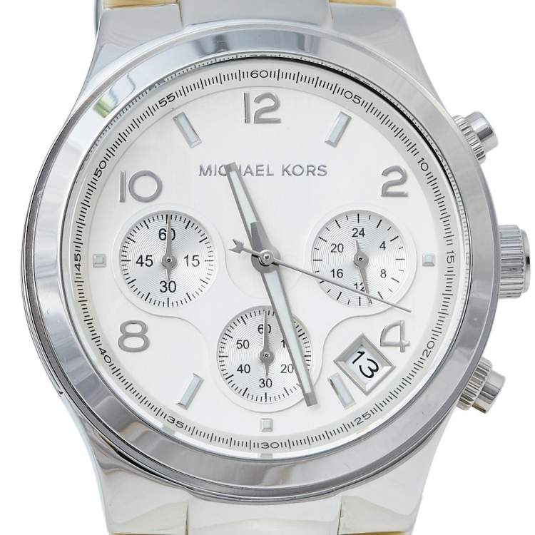 Pre Owned Michael Kors Silver Stainless Steel & Acrylic Chain Runway MK4263 Women's Wristwatch 38 mm