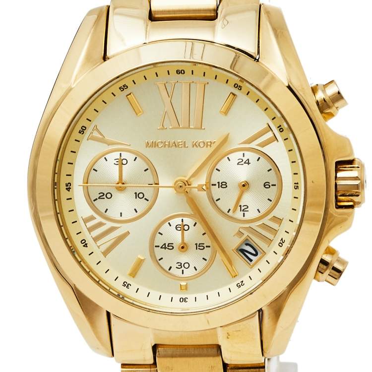 Pre Owned Michael Kors Yellow Gold Plated Stainless Steel Runway MK5798 Women's Wristwatch 36 mm