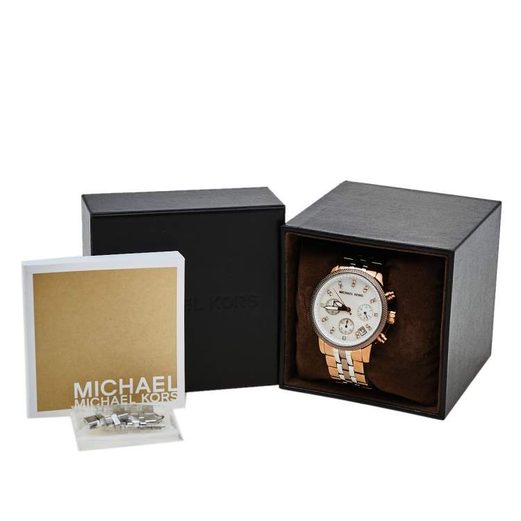 Pre Owned Michael Kors Mother of Pearl Three-Tone Stainless Steel MK5642 Women's Wristwatch 37 mm