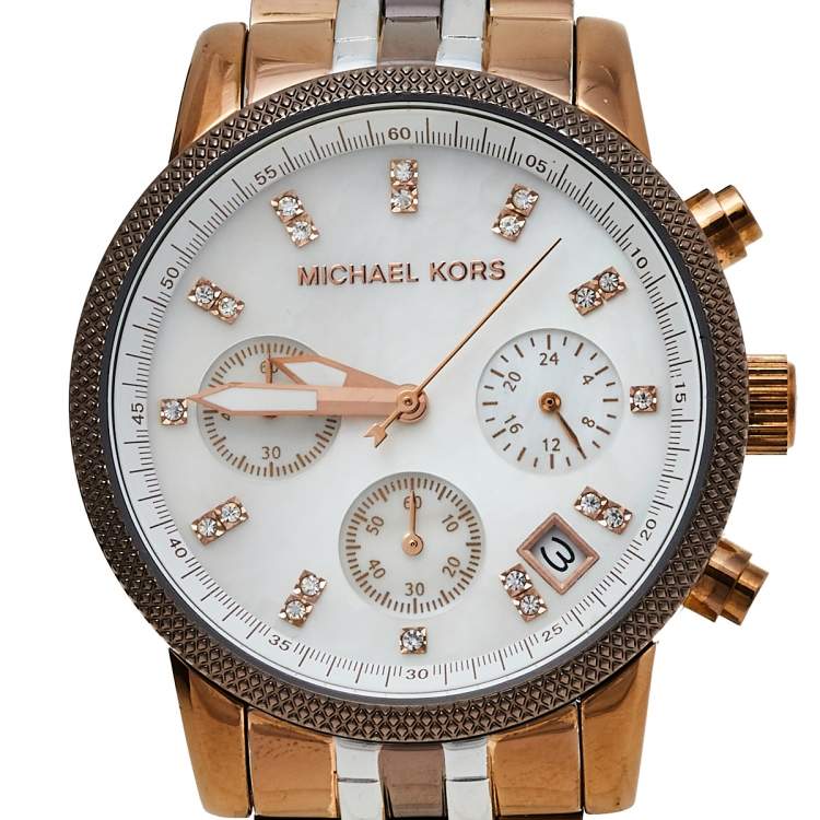 Pre Owned Michael Kors Mother of Pearl Three-Tone Stainless Steel MK5642 Women's Wristwatch 37 mm