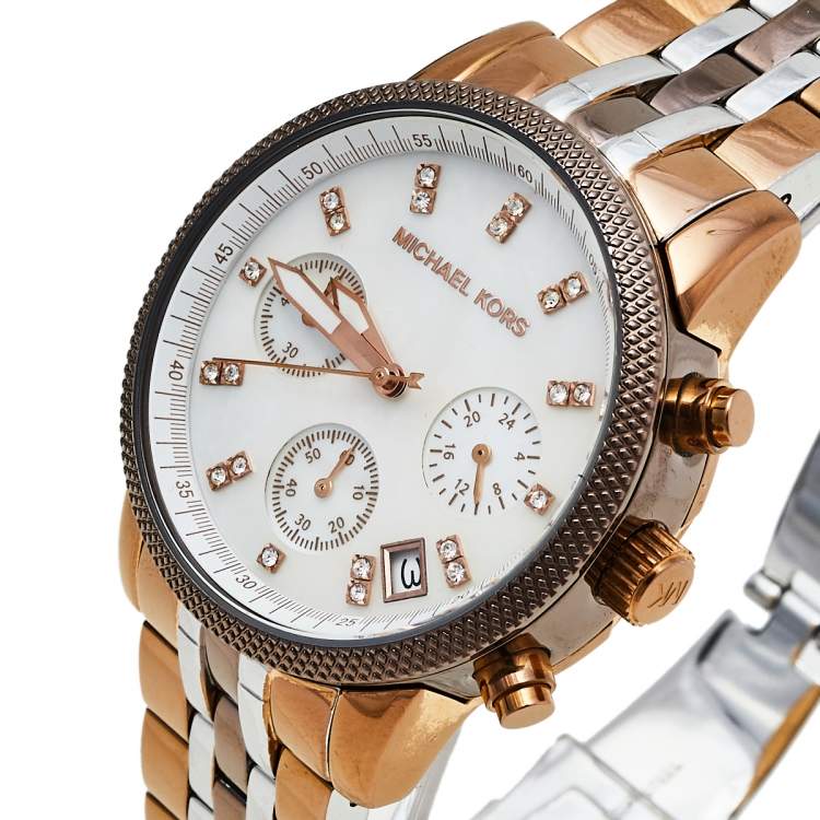 Pre Owned Michael Kors Mother of Pearl Three-Tone Stainless Steel MK5642 Women's Wristwatch 37 mm