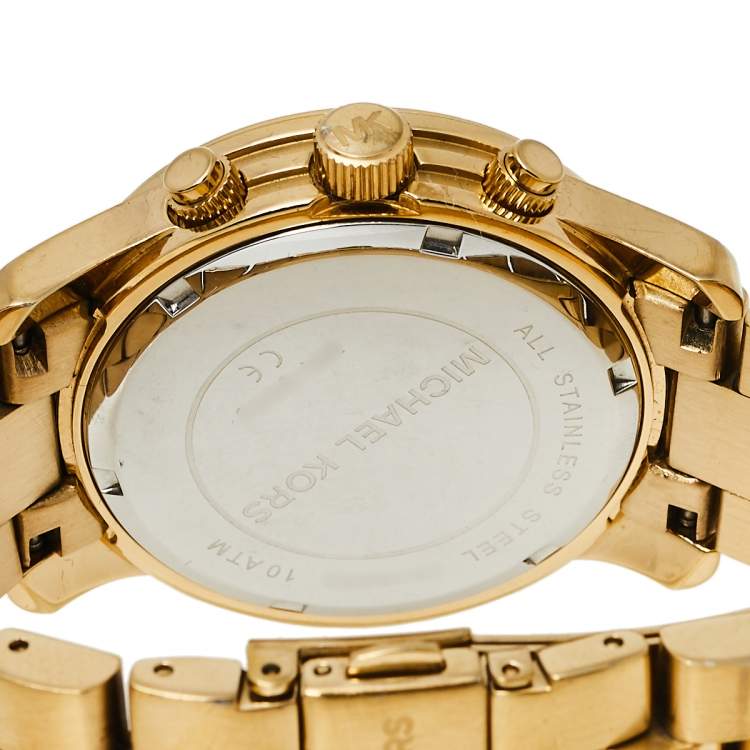 Pre Owned Michael Kors Yellow Gold Tone Stainless Steel Runway MK5055 Women's Wristwatch 38 mm