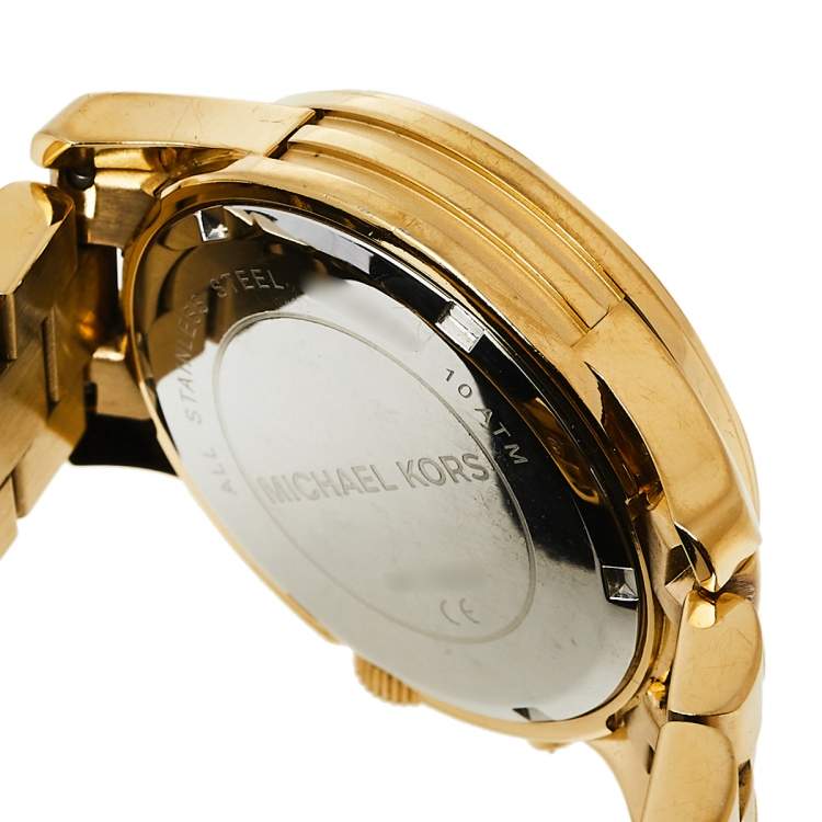 Pre Owned Michael Kors Yellow Gold Tone Stainless Steel Runway MK5055 Women's Wristwatch 38 mm