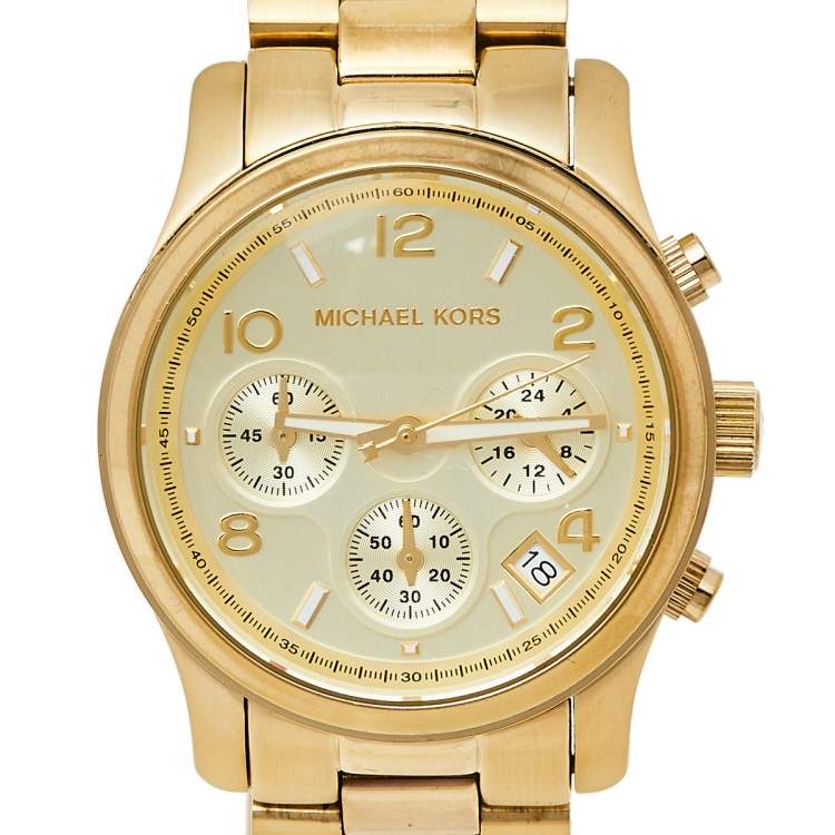Pre Owned Michael Kors Yellow Gold Tone Stainless Steel Runway MK5055 Women's Wristwatch 38 mm