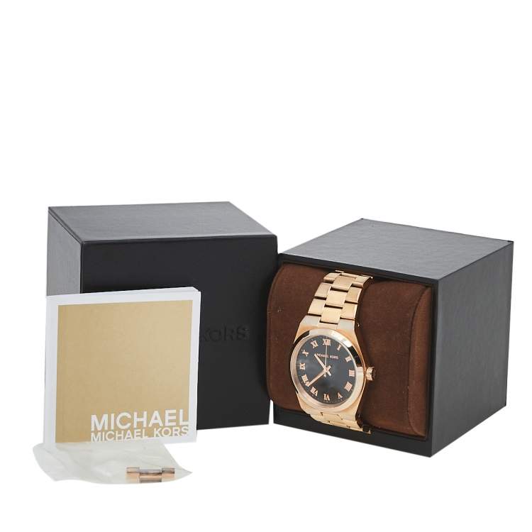 Pre Owned Michael Kors Black Rose Gold Tone Stainless Steel Channing MK5937 Women's Wristwatch 38 mm