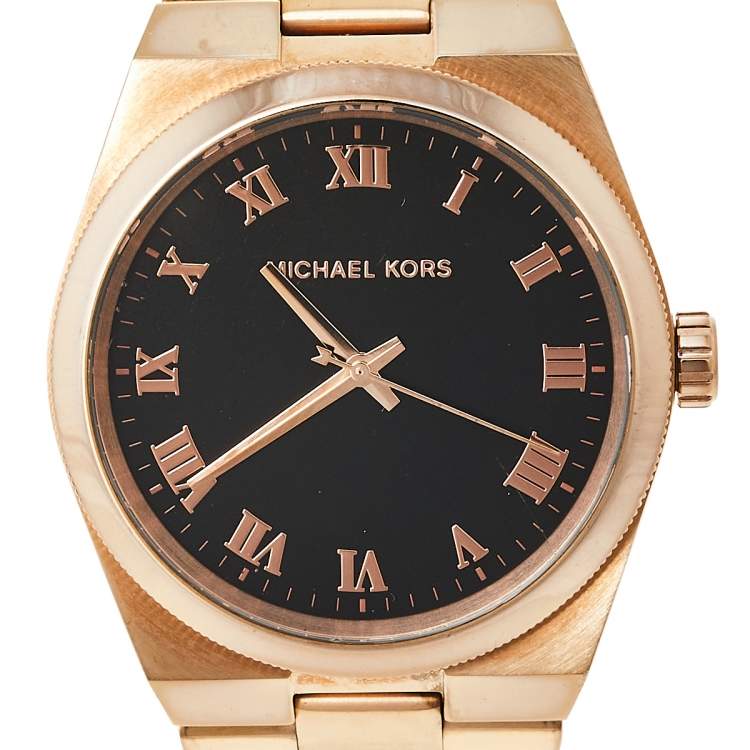 Pre Owned Michael Kors Black Rose Gold Tone Stainless Steel Channing MK5937 Women's Wristwatch 38 mm