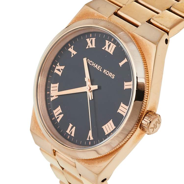 Pre Owned Michael Kors Black Rose Gold Tone Stainless Steel Channing MK5937 Women's Wristwatch 38 mm